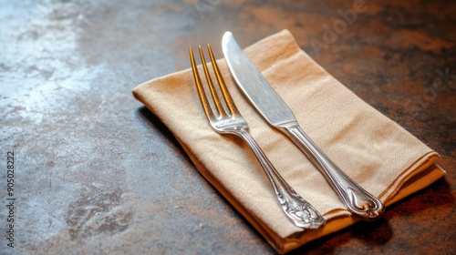 A single fork and knife set on a napkin, with plenty of space for menu descriptions.