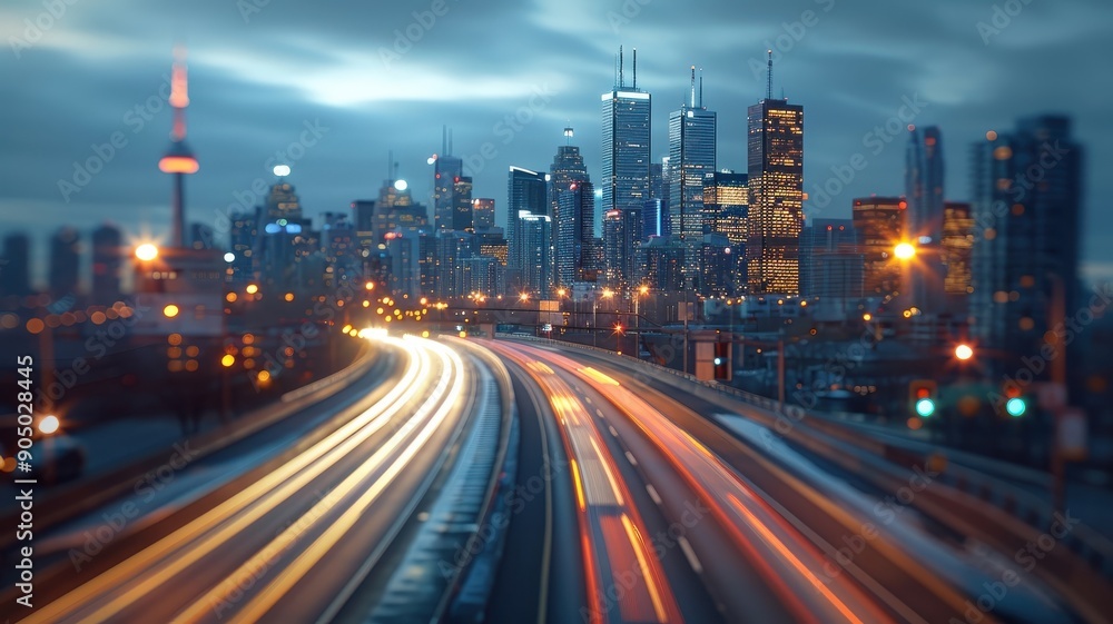 Cityscape at night with light trails of vehicles on a multi-lane highway. Cityscape at night with light trails of vehicles on a multi-lane highway.