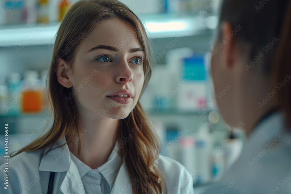 Photo of pharmacist stands in medical robe smiling in pharmacy shop full of medicines generative AI Photo of pharmacist stands in medical robe smiling in pharmacy shop full of medicines generative AI