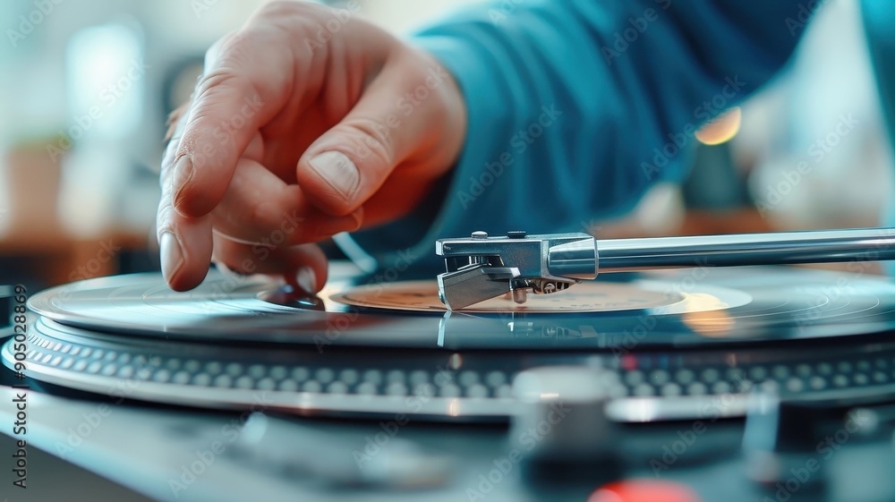A weathered hand reaching for a play button on a vintage record player. A weathered hand reaching for a play button on a vintage record player.