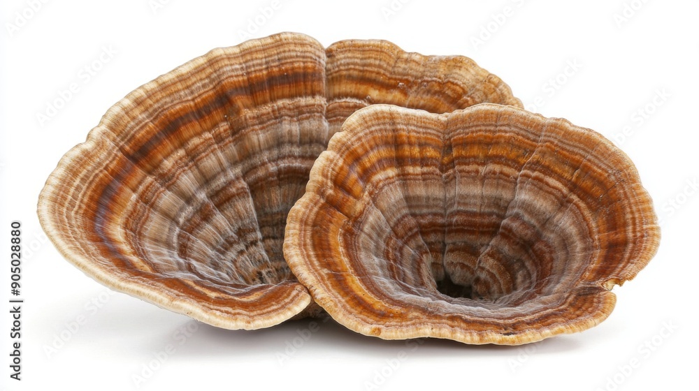 A single turkey tail mushroom with its distinctive concentric rings, isolated on a white background. A single turkey tail mushroom with its distinctive concentric rings, isolated on a white background.