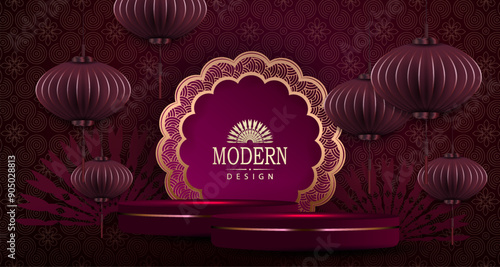 Happy Chinese New Year, burgundy card with round frame and Asian elements.