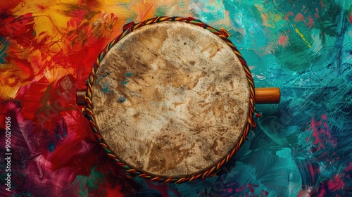 Native American style shaman frame drum with goat skin on colorful abstract paper landscape photo