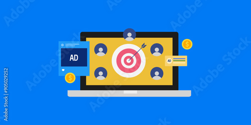 Social media advertising and search marketing campaign targeting customer with re-marketing ads technology, driven by AI suggestion, vector illustration.