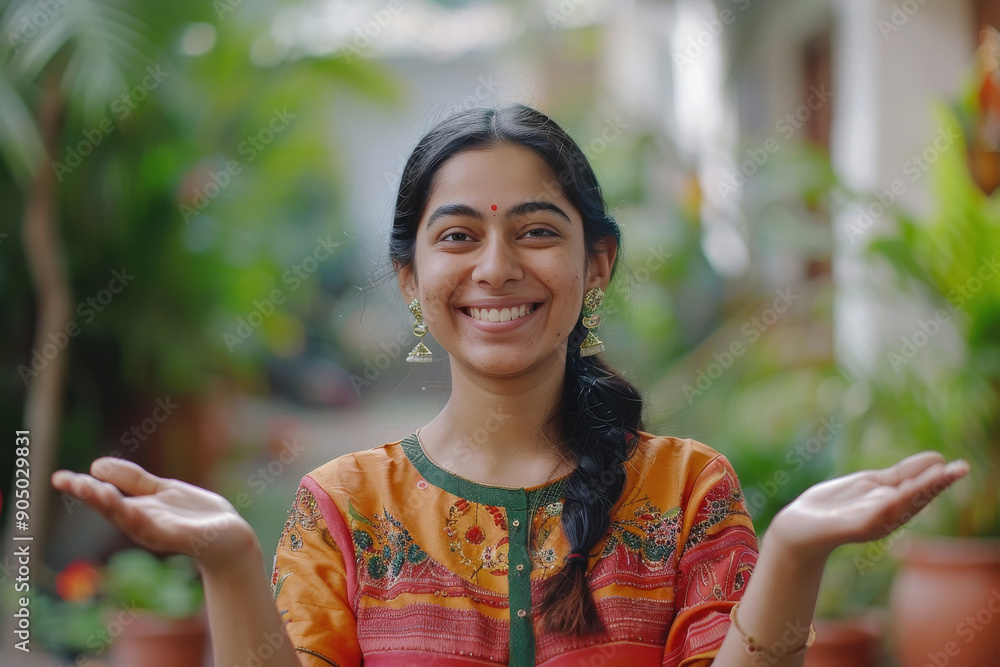 indian female loan officer smiling is holding the dream in one hand and the reality in the other indian female loan officer smiling is holding the dream in one hand and the reality in the other