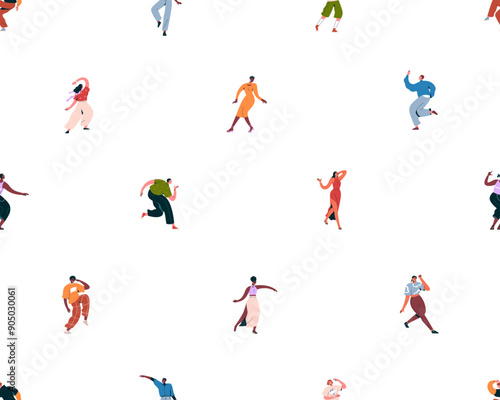 Dancing people, seamless pattern design. Happy tiny characters at disco party...