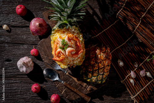 Shrimp fried rice, Thai food served in a container made from pineapple Decorate with fruits, vegetables, and holiday decorations.