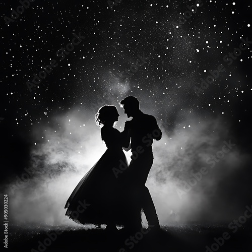 A serene black and white image of a couple dancing under the stars, with soft light highlighting their movements