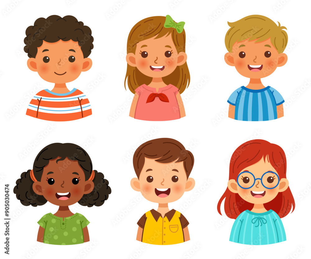 The faces of cute children have unique hairstyles and costumes representing different races and cultures The faces of cute children have unique hairstyles and costumes representing different races and cultures