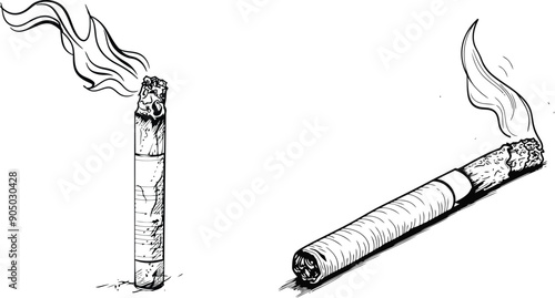 Vector Illustration of a Smoking Cigarette in Sketch Style, Vintage Engraved Art Design