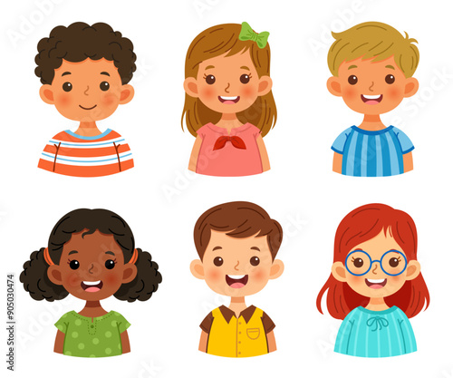 The faces of cute children have unique hairstyles and costumes representing different races and cultures