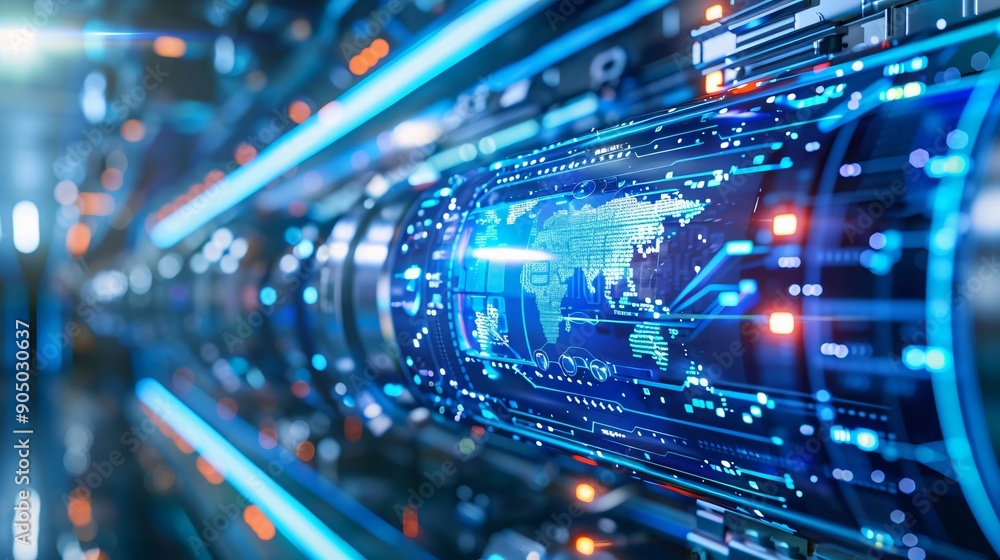 Futuristic technology scene depicting data flow and global connectivity within a digital environment. Futuristic technology scene depicting data flow and global connectivity within a digital environment.