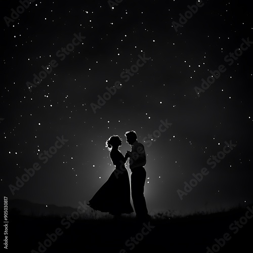 A serene black and white image of a couple dancing under the stars, with soft light highlighting their movements