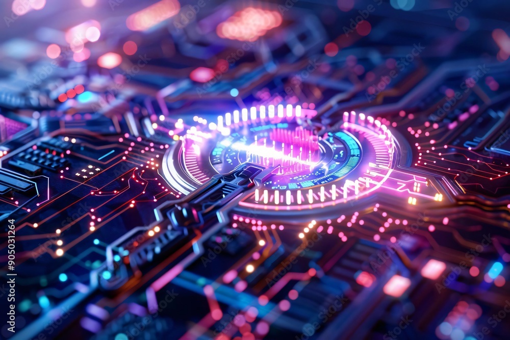 A vibrant and detailed close-up of a futuristic circuit board with glowing elements, showcasing advanced technology and creativity. A vibrant and detailed close-up of a futuristic circuit board with glowing elements, showcasing advanced technology and creativity.