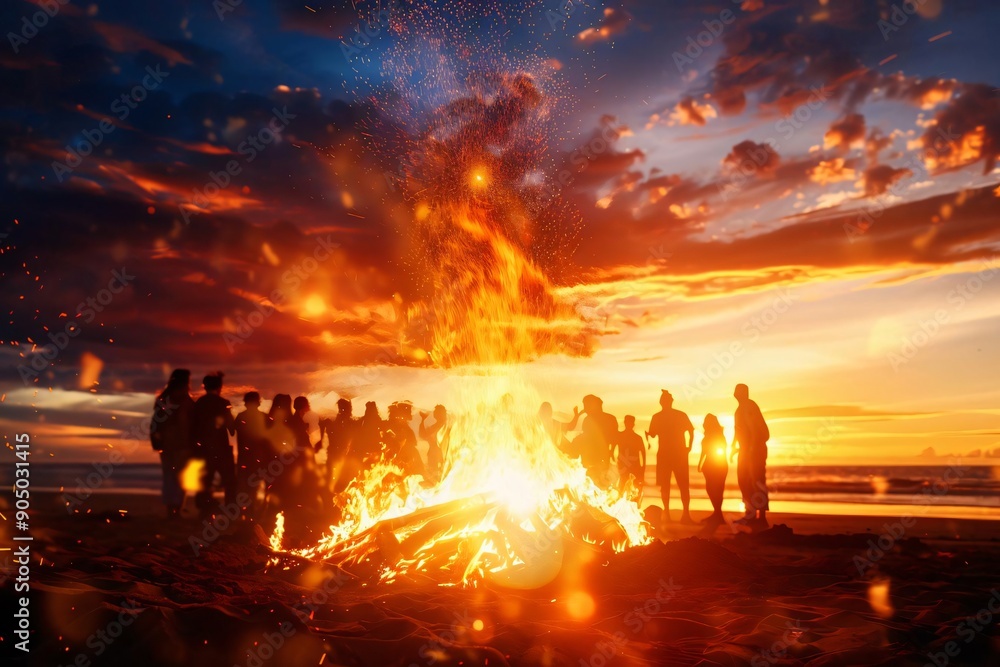 A vibrant sunset scene with friends gathered around a beach bonfire, creating a warm and inviting atmosphere. A vibrant sunset scene with friends gathered around a beach bonfire, creating a warm and inviting atmosphere.