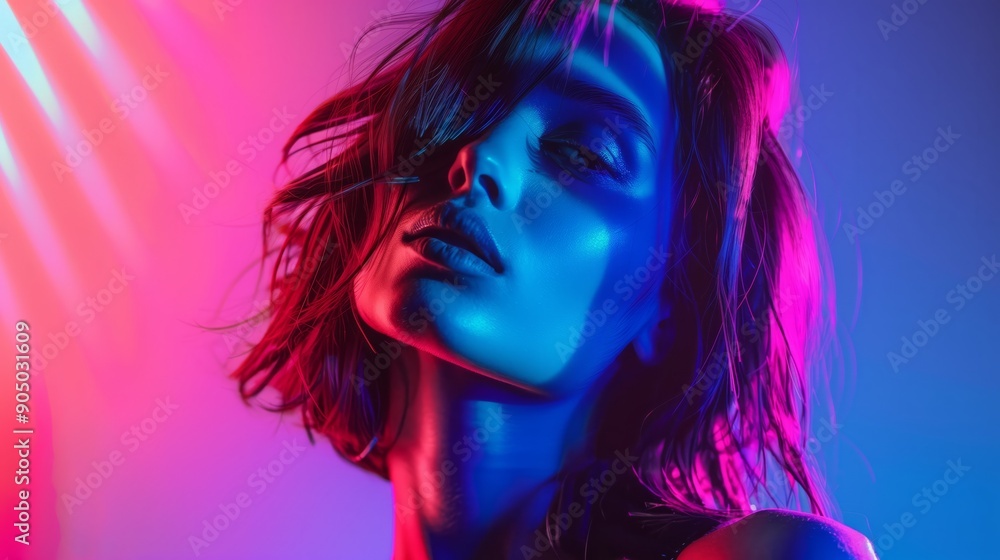 Beautiful woman close up portrait in neon light studio Beautiful woman close up portrait in neon light studio