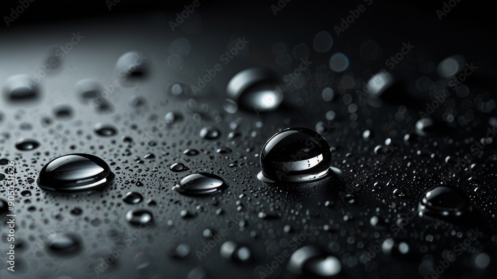 A black glass surface with water drops on it, the drops are large and reflect the surrounding space A black glass surface with water drops on it, the drops are large and reflect the surrounding space