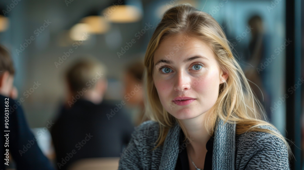 Portrait of a young business woman with blond hair in a modern office room at a meeting. Beautiful business woman working in the office. Concept of work, meetings. Portrait of a young business woman with blond hair in a modern office room at a meeting. Beautiful business woman working in the office. Concept of work, meetings.