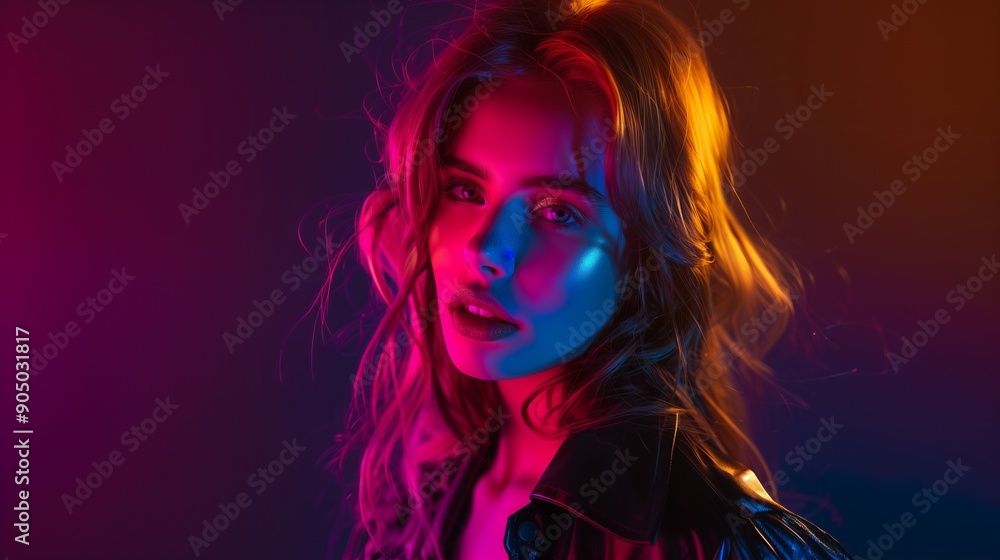 Beautiful woman close up portrait in neon light studio Beautiful woman close up portrait in neon light studio