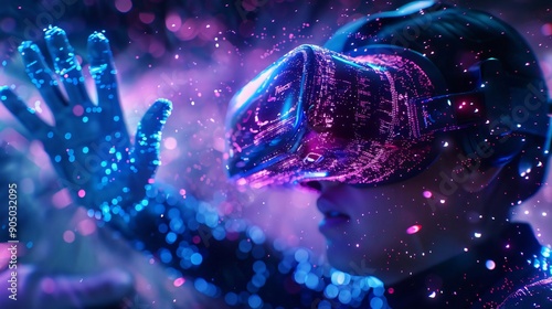 A futuristic scene featuring a person using a VR headset surrounded by vibrant digital particles and glowing colors.