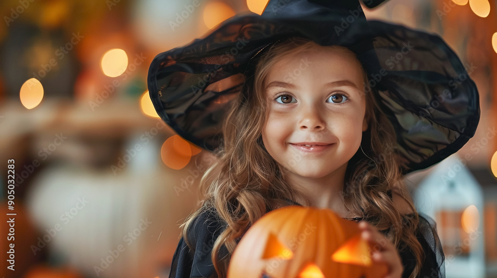 Cute little girl in a witch costume holding halloween pumpkin. Halloween celebration. Cute little girl in a witch costume holding halloween pumpkin. Halloween celebration.
