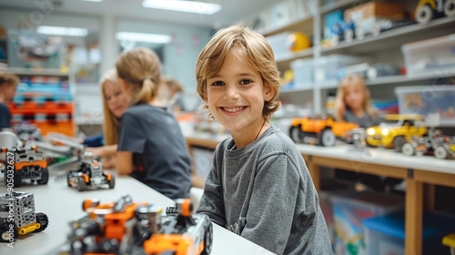 kids in school are making robotics project. Child making robotic car looking at camera in STEM class. Teen child constructing robotic vehicle. STEM education concept.