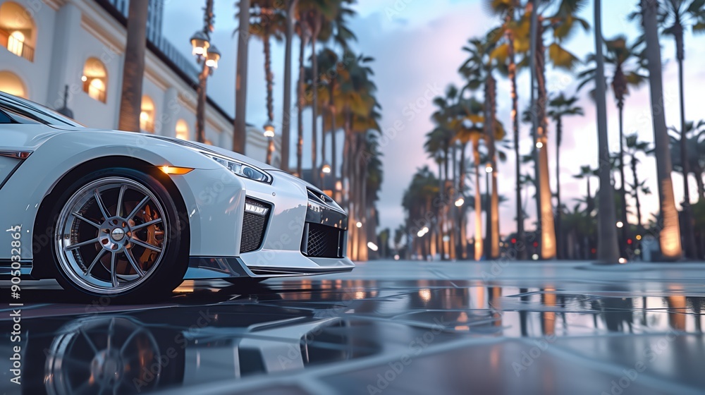 Fototapeta A White Sports Car Parked Under Palm Trees at Sunset in a Coastal City