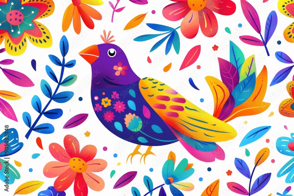 Folk Art Vector Pattern With Bird In Circle White Background Folk Art Vector Pattern With Bird In Circle White Background