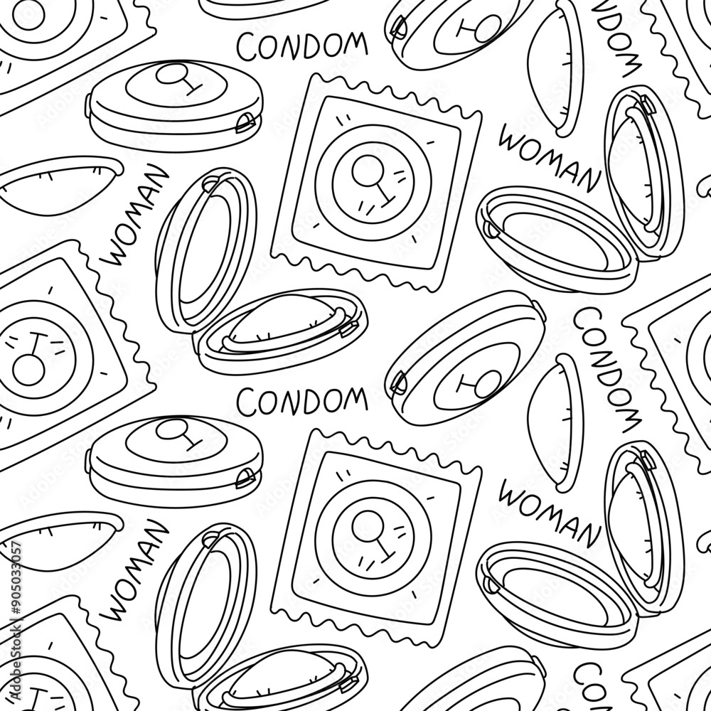 Pattern of doodle drawings of female condoms. Contour illustrations for ...