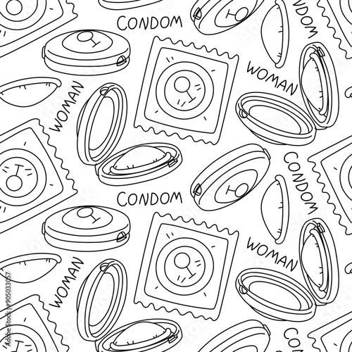 Pattern of doodle drawings of female condoms. Contour illustrations for safe sex and contraception. Texture of the condom in different shapes the package is plastic closed and open, package packaging
