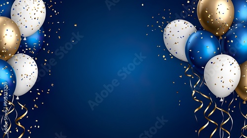 Festive Blue White Gold Balloons with Confetti Ribbons Party Background Celebration