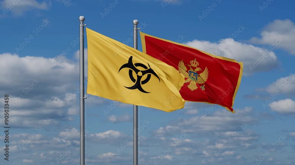 Montenegro and Biological hazard flags flying together, video concept of the relationship, two country cooperation concept Montenegro and Biological hazard flags flying together, video concept of the relationship, two country cooperation concept