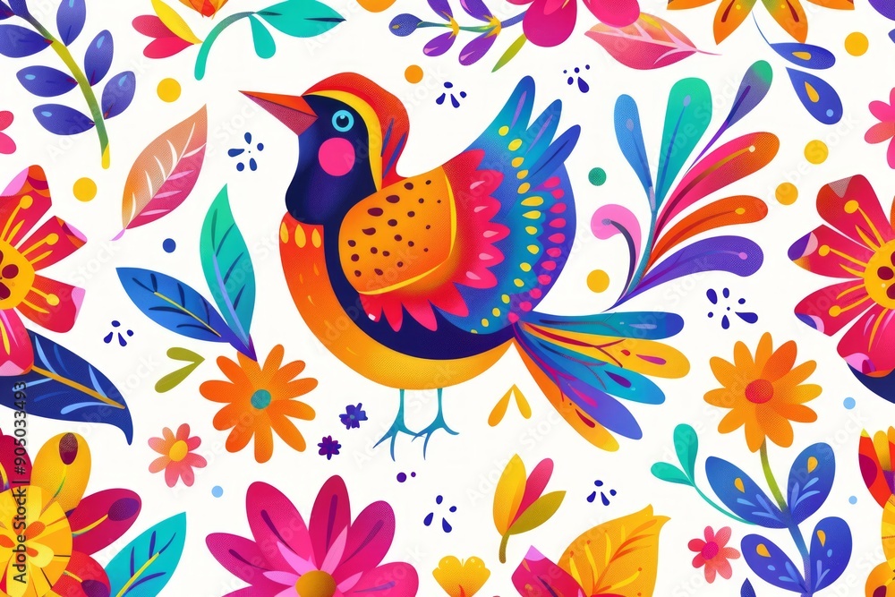Naklejka premium Folk Art Vector Pattern With Bird In Circle White Background 