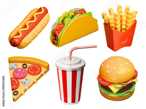 3d fastfood realistic render icon set. Streetfood vector illustration