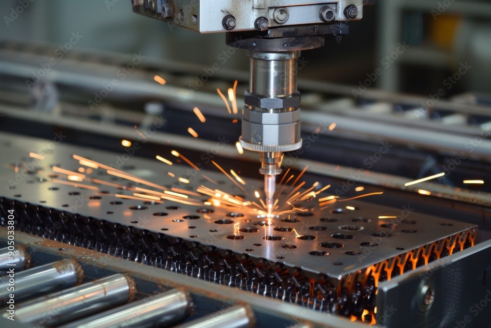 Industrial CNC Laser Cutting Machine in Action with Sparks Flying from Metal Sheet in Modern Manufacturing Facility Industrial CNC Laser Cutting Machine in Action with Sparks Flying from Metal Sheet in Modern Manufacturing Facility
