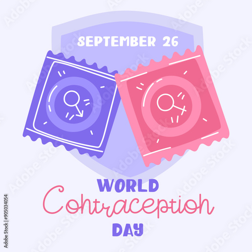 World Contraception Day, September 26. A square postcard. Contraceptives for safe sex male and female condom with shield. Methods of birth control. Banner about sex education. Vector flat illustration