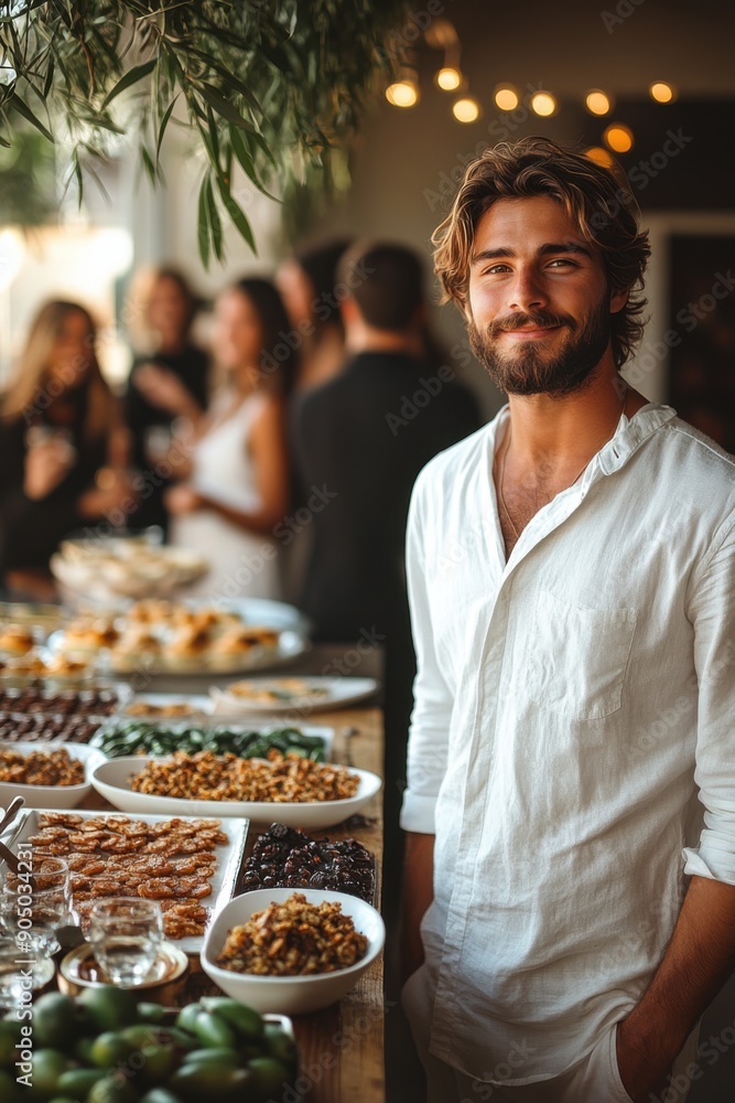 Man smiling by buffet table at indoor social gathering Man smiling by buffet table at indoor social gathering