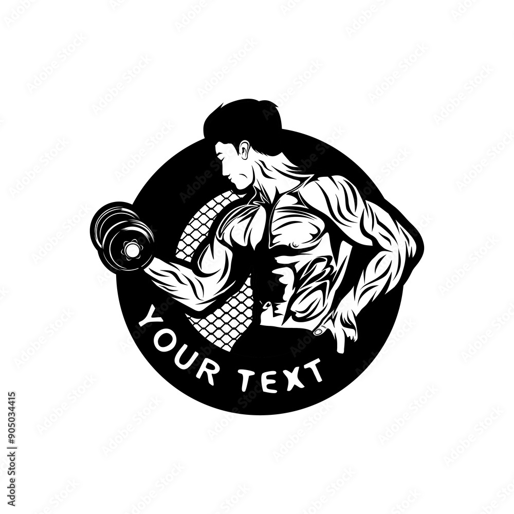 Fototapeta premium logo of a muscular man lifting dumbbells with his right hand black and white vector