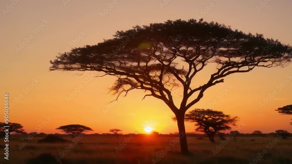 A serene sunset over a grassland, featuring silhouetted trees against a vibrant sky, evoking calm and natural beauty A serene sunset over a grassland, featuring silhouetted trees against a vibrant sky, evoking calm and natural beauty