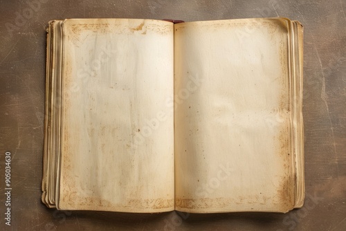 Overhead view of an open old book with blank pages