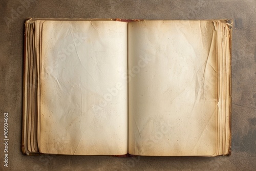 Overhead view of an open old book with blank pages