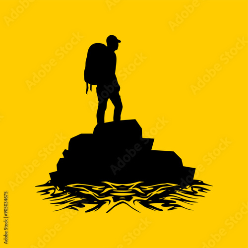 silhouette of a mountaineer carrying a carrier looking backward vector
