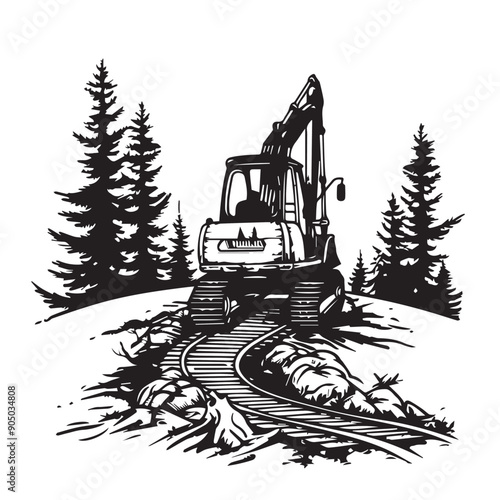 LOGGING MACHINERY in cartoon, doodle style . Image for t-shirt, web, mobile apps and ui. Isolated 2d vector illustration in logo, icon, sketch style, Eps 10, black and white. AI Generative