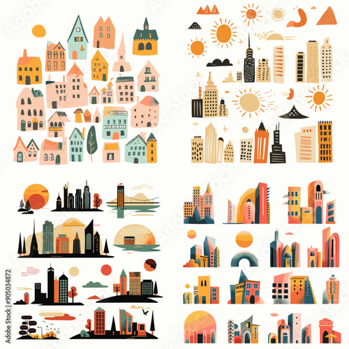 A collection of four cityscape drawings with a sun in the top right corner