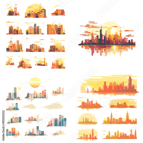 A collection of cityscape drawings with a sunset in the background