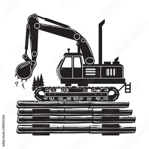 LOGGING MACHINERY in cartoon, doodle style . Image for t-shirt, web, mobile apps and ui. Isolated 2d vector illustration in logo, icon, sketch style, Eps 10, black and white. AI Generative