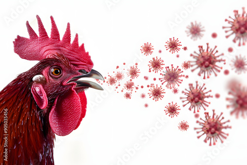 close-up of a chicken surrounded by virus particles, threat of avian disease outbreaks like bird flu in poultry, H5N1 epidemic pandemic danger