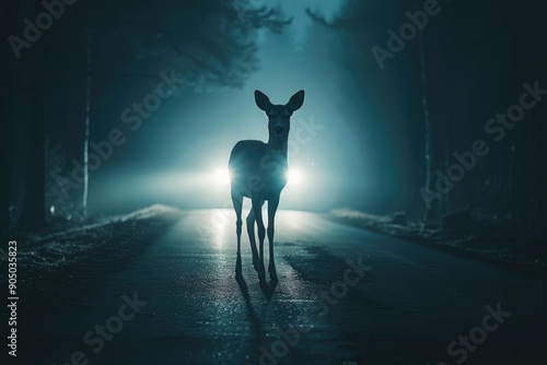 blue Deer silhouetted against car headlights on a dark road.