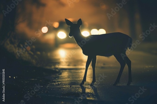 Wallpaper Mural Deer silhouetted against car headlights on a dark road. Torontodigital.ca