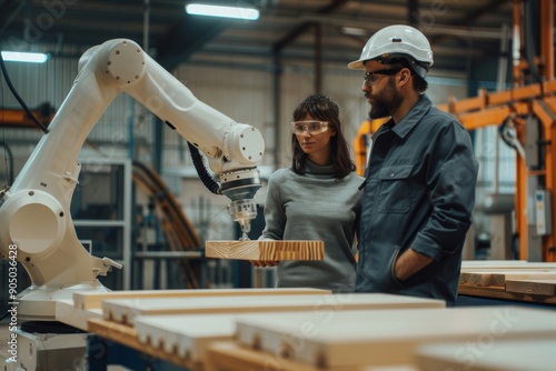 Engineers Overseeing Robotic Arm in Modern Industrial Manufacturing Facility